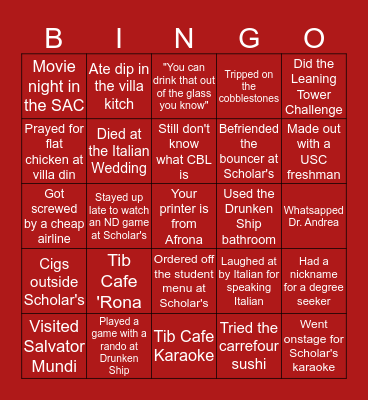 Rome Fall #GoGlads Bingo Card