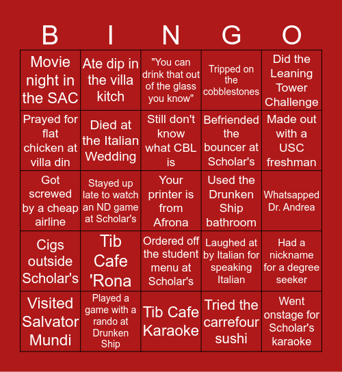 Rome Fall #GoGlads Bingo Card