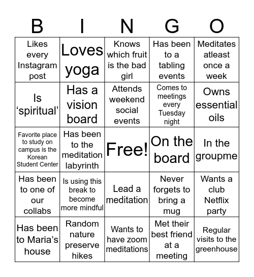 Meditation Club Bingo Card