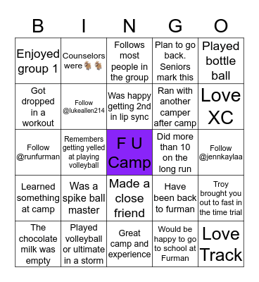 Group 1 FU Camp Bingo Card