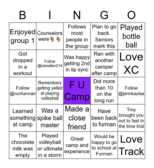 Group 1 FU Camp Bingo Card
