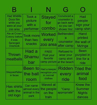 Busch Gardens Res Camp Bingo Card