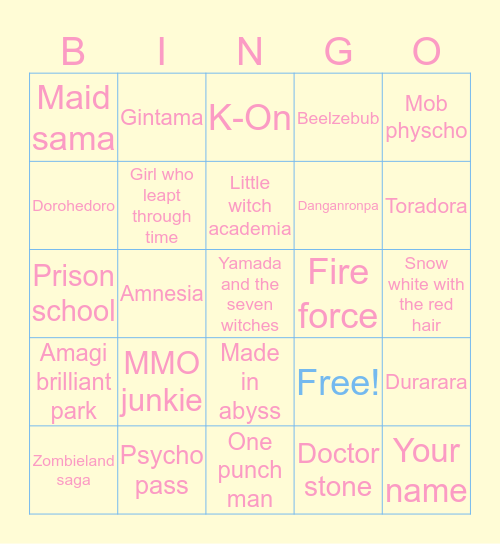 Anime you've watched Bingo Card