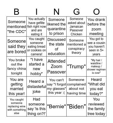 Zoom Passover Bingo/Afikoman Bingo Card