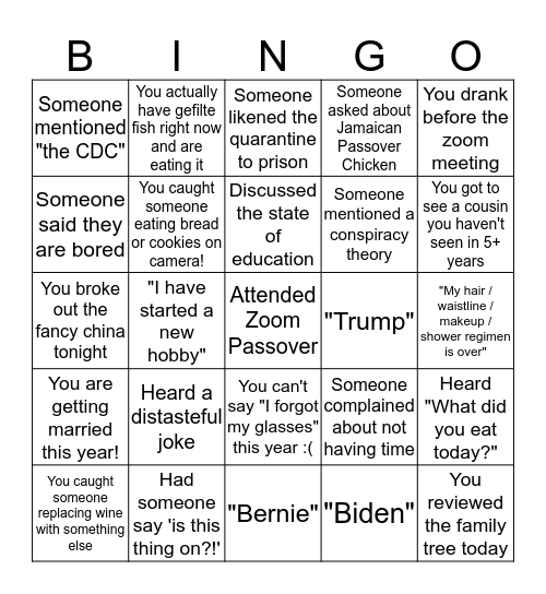 Zoom Passover Bingo/Afikoman Bingo Card