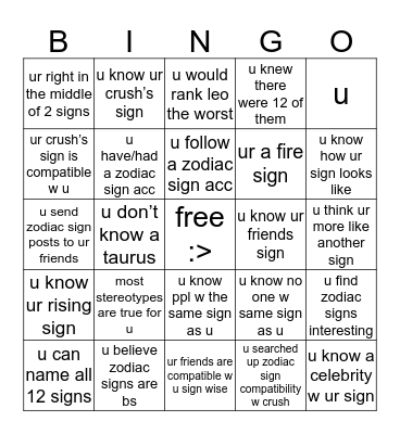 zodiac sign bingo made by @grasses_are_green Bingo Card