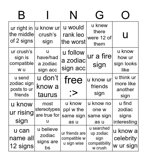 zodiac sign bingo made by grasses are green Bingo Card