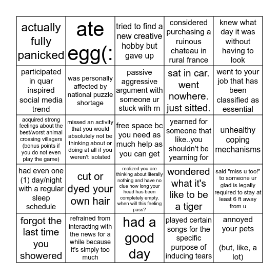 quarantine bingo <3 Bingo Card