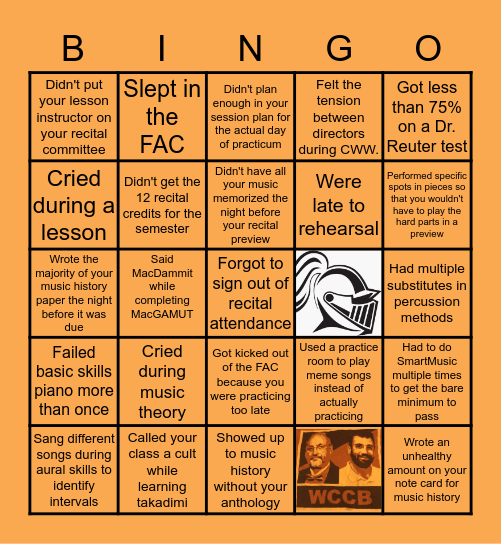 Wartburg College Music Major Bingo Card