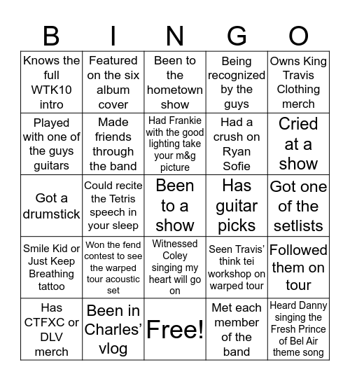 WE THE KINGS Bingo Card