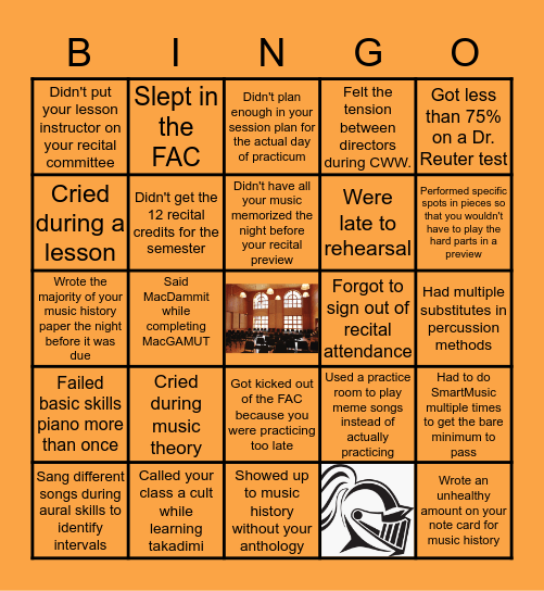 Wartburg College Music Major Bingo Card