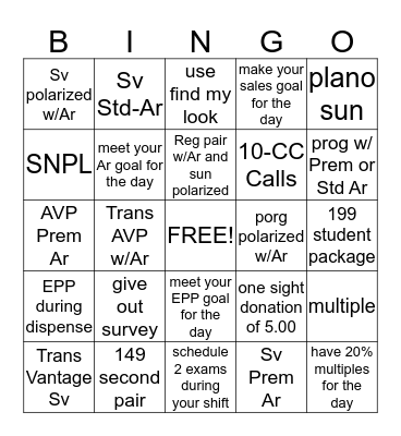 LensCrafters Bingo Card