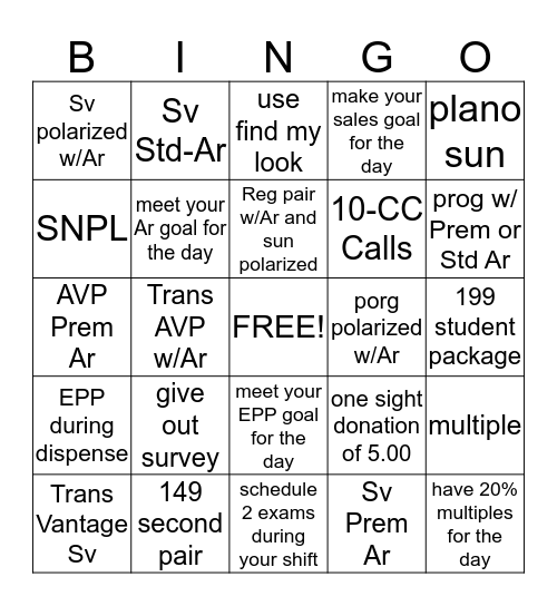 LensCrafters Bingo Card