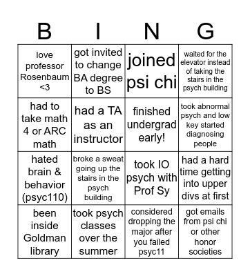 UCR PSYC Student Bingo! Bingo Card