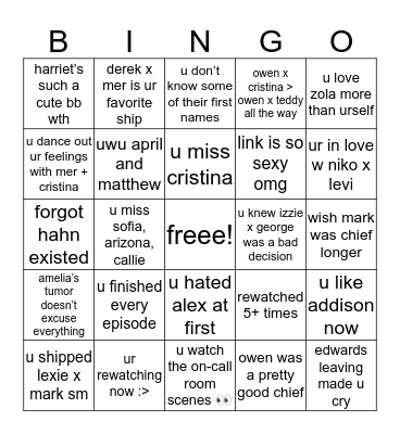 greys anatomy bingo by @grasses_are_green Bingo Card