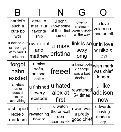 greys anatomy bingo by @grasses_are_green Bingo Card
