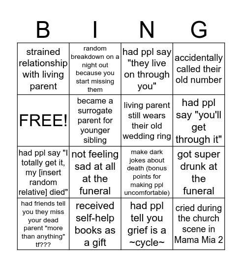 DEAD PARENT BINGO🤑 Bingo Card