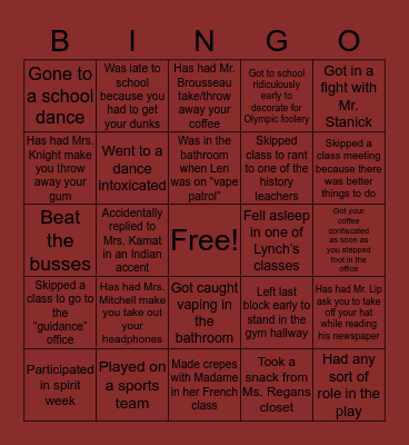 Leicester High School Bingo Card