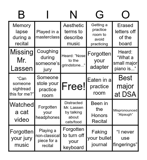 PIANO MAJOR Bingo Card