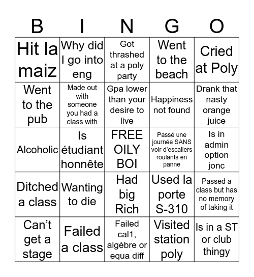 Bienvenue à Poly Bingo Card