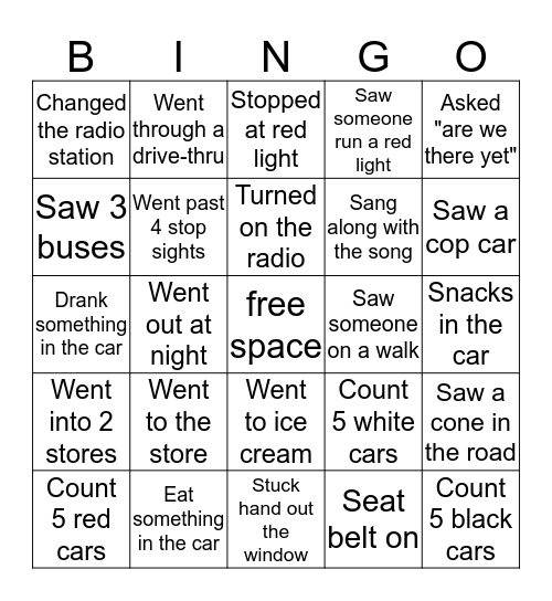 Car Rides Bingo Card