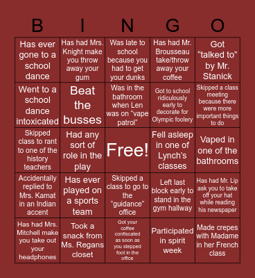 Leicester High School Bingo Card