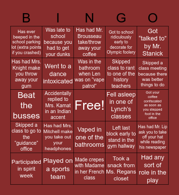 Leicester High School Bingo Card