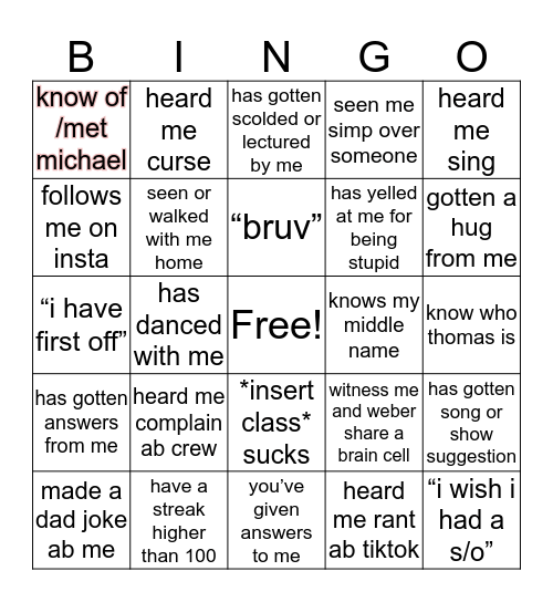 Kevin’s friend bingo Card