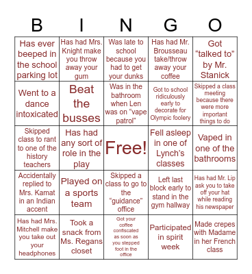 Leicester High School Bingo Card