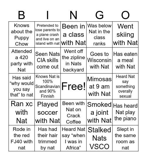 Natalie Bingo Card