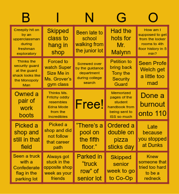 Washed Up Whittier Tech Bingo Card