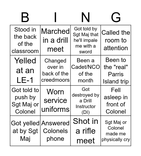 Nation Ford MCJROTC Bingo Card