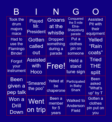 Shaler Area Marching Band Bingo Card