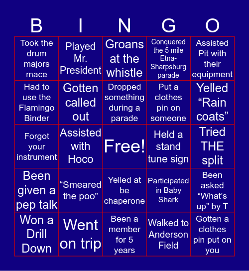 Shaler Area Marching Band Bingo Card