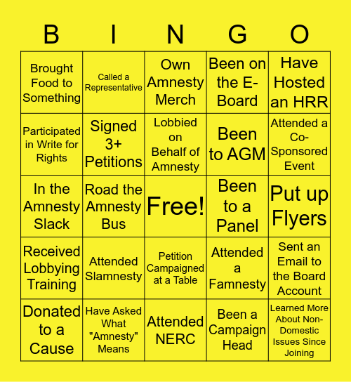 Columbia Amnesty International Bingo Card