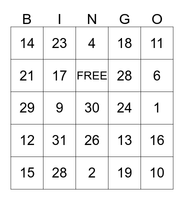 NUMBER Bingo Card