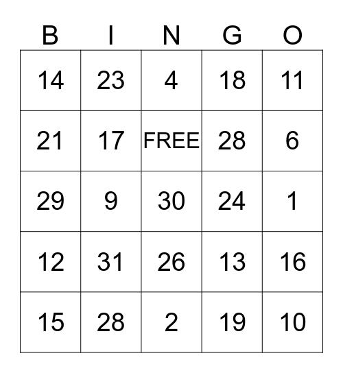 NUMBER Bingo Card