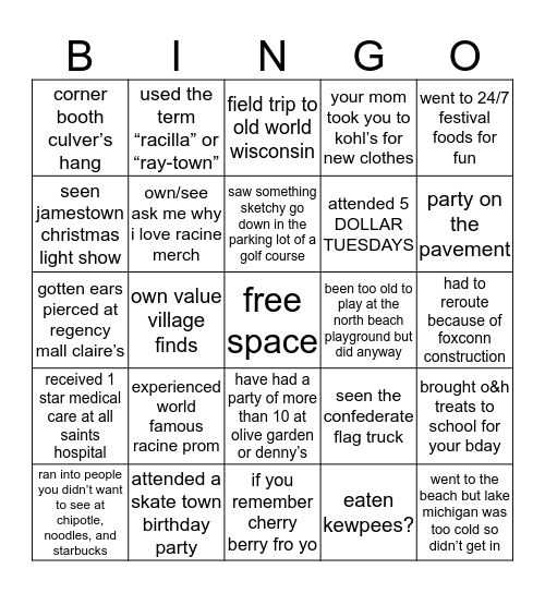 Racine Bingo Card