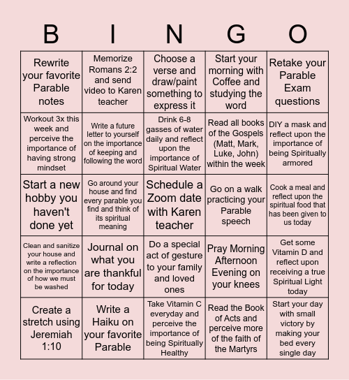 **Rules: Get 5 in a row (in any direction) to win. For each box to count, please take a photo as proof and send to me Bingo Card