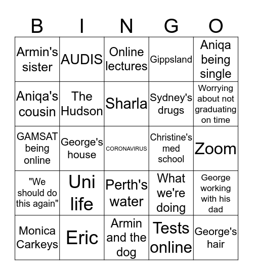 MONDAY GANG Bingo Card