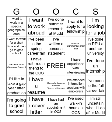 Career Services Bingo Card