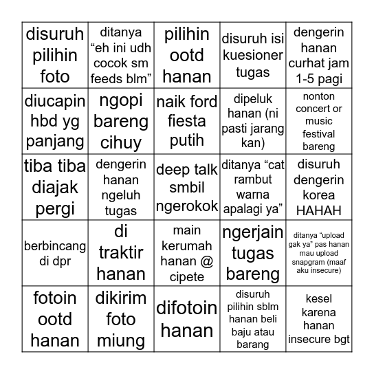 Hanan bingo yg ga niat Bingo Card