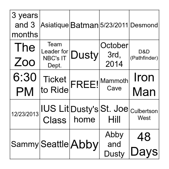 Abby and Dusty's Story Bingo Card