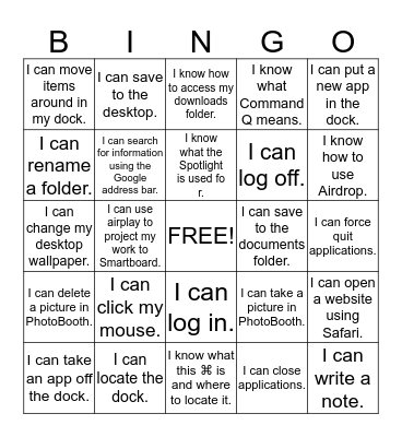 Computer Lab 101 Bingo Card