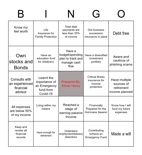 Financial Planning Bingo Card