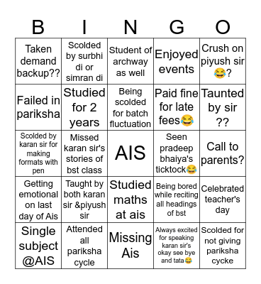 Ais family Bingo Card