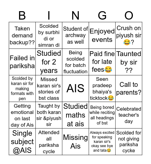 Ais family Bingo Card