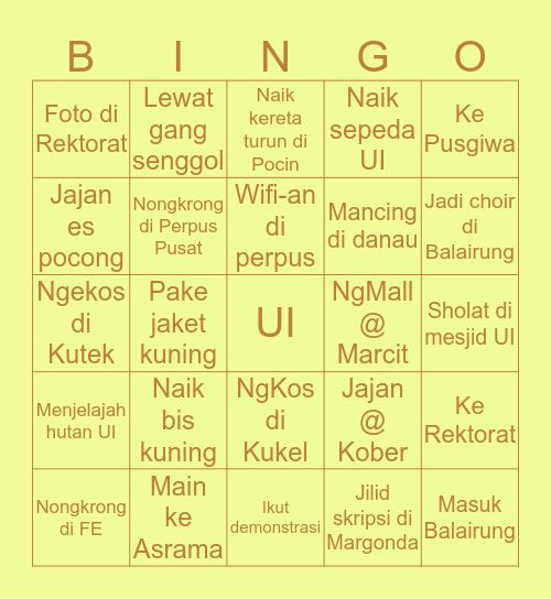 Universitas Indonesia Bingo Card