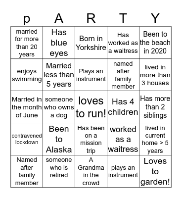 PROGRESSIVE DINNER PARTY Bingo Card