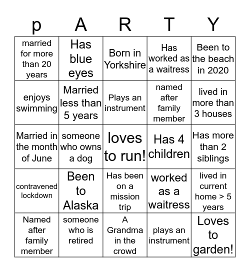 PROGRESSIVE DINNER PARTY Bingo Card